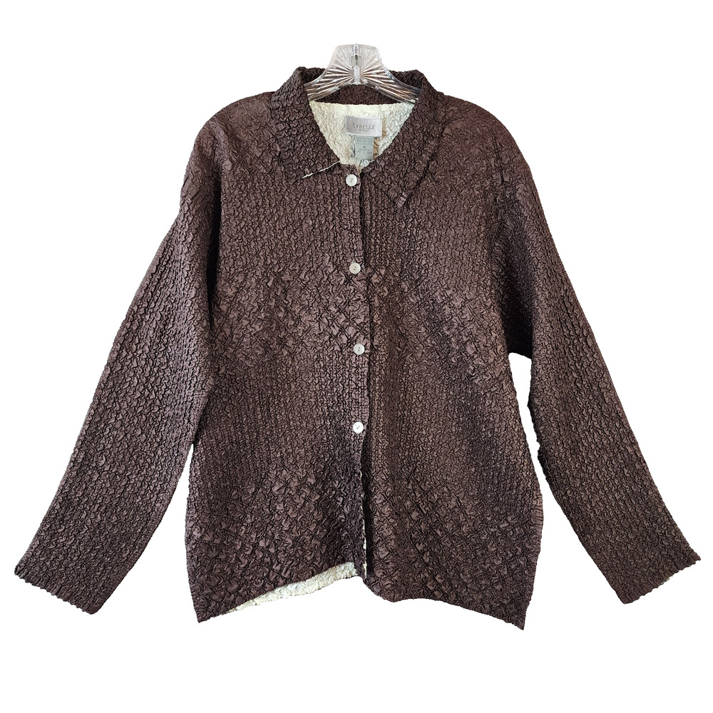 Sybelle Textured Crinkle Long Sleeve Top Women 1X Brown Button Front
